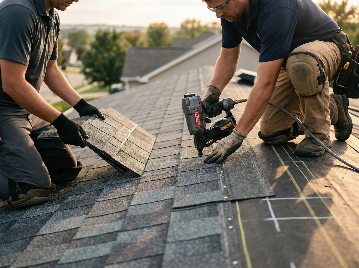 Professional roofer working on a residential roof in Leicester